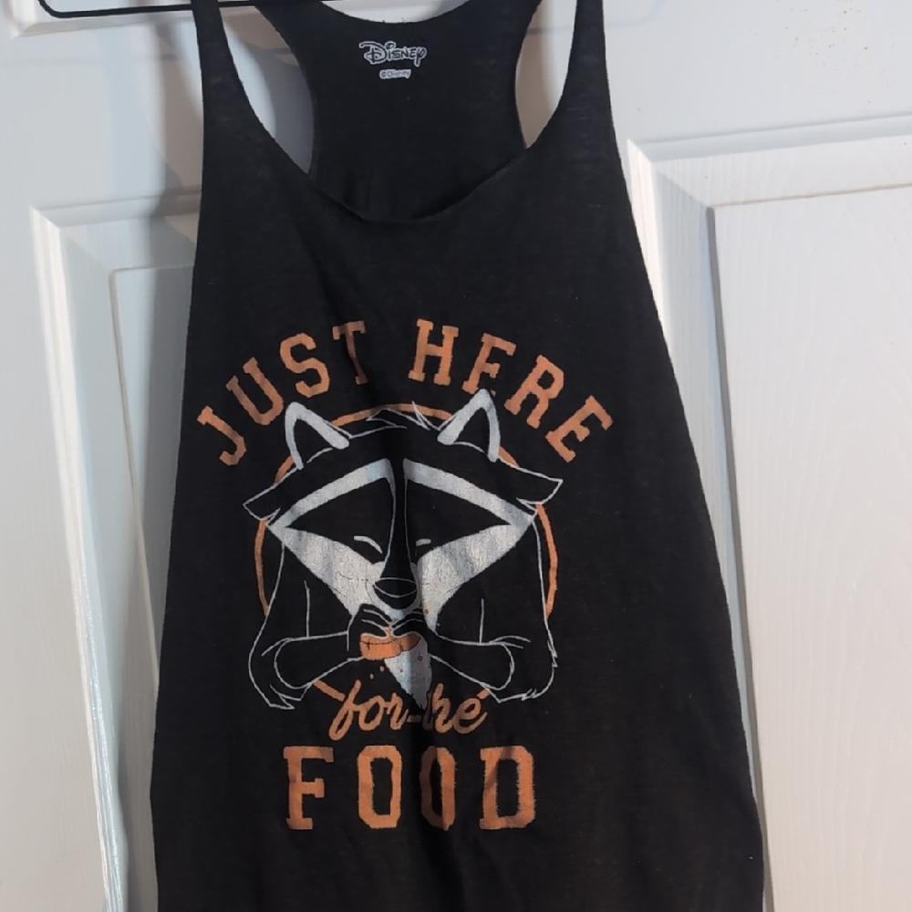 Disney Black Tank Top with Raccoon and Orange Text